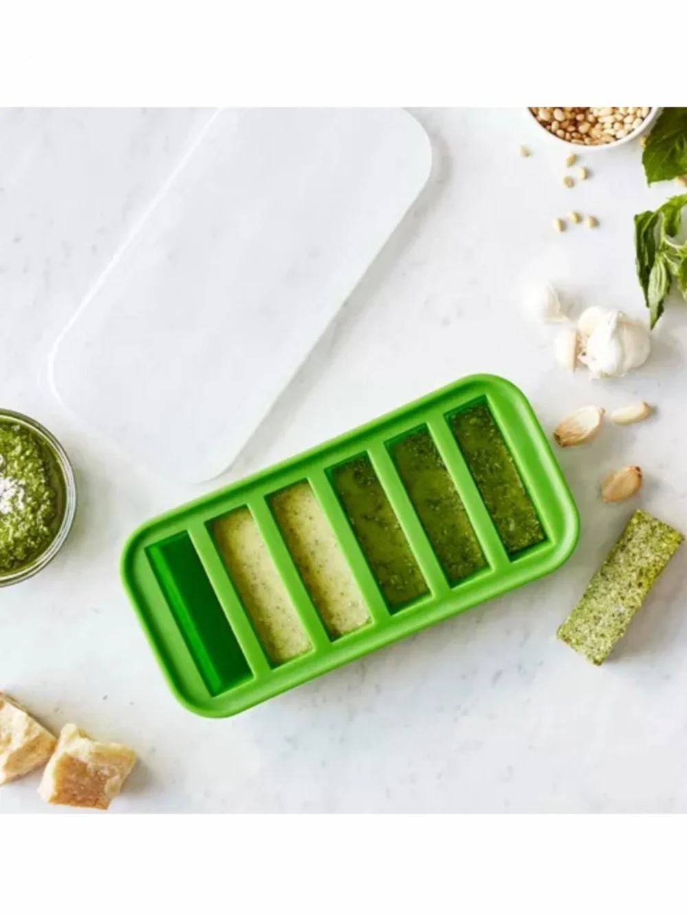 Sur La Table Souper Cubes Green Silicone Tray Food Prep Ice Cube Tray with Lid